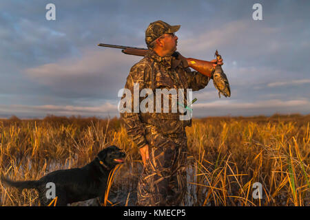 jäger mit Ente und Hund, Suisun Marsh, Suisun City, Kalifornien, USA Stockfoto