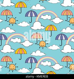Muster mit niedlichen Regenbogen und Regenschirm. Stock Vektor