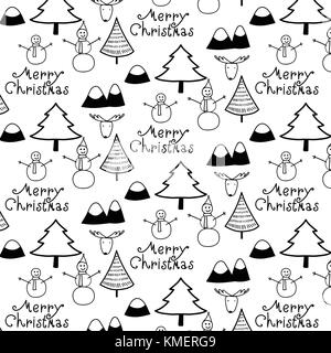 Frohe Weihnachten Muster mit Schwarzen und Weißen Berg, Baum, Schnee, Mann und Hirsche. Stock Vektor