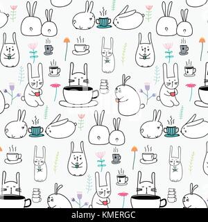 Hand gezeichneten Muster cute Bunny mit Kaffee und Blume. Stock Vektor