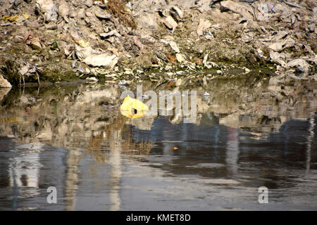 Halterungen von Plastiktüten, Staub und über viele Jahre hinweg in einem Flussbett bauen Stockfoto