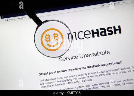 MONTREAL, KANADA - 7. DEZEMBER 2017: Nicehash Sicherheitsverletzung Pressemitteilung auf der Startseite Webseite. NiceHash ist ein Crypto-bergbau Marketplace, dass sel verbindet Stockfoto