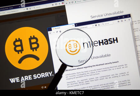 MONTREAL, KANADA - 7. DEZEMBER 2017: Nicehash Sicherheitsverletzung Pressemitteilung auf der Startseite Webseite. NiceHash ist ein Crypto-bergbau Marketplace, dass sel verbindet Stockfoto