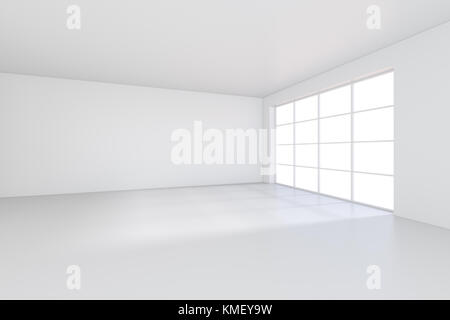 Licht verstreut Licht, das vom Fenster in den weißen Raum fällt. 3D-Rendering. Stockfoto