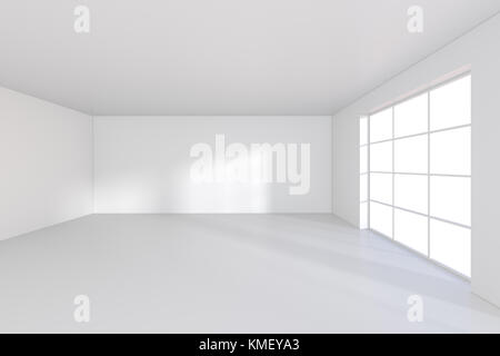 Licht verstreut Licht, das vom Fenster in den weißen Raum fällt. 3D-Rendering. Stockfoto