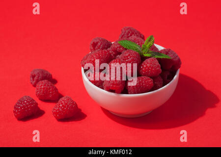 Schüssel mit frischen Himbeeren und Minzblättern auf rotem Hintergrund. Minimales Konzept. Hartes Licht. Stockfoto