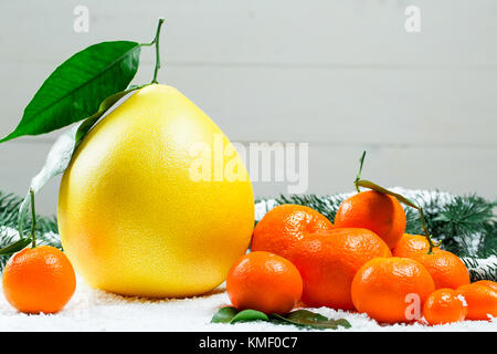 Frische Mandarinen, Orangen, Pampelmuse, kumquat, kinkan mit Blättern auf weißem Schnee. reife Zitrusfrüchte Hintergrund. Symbol für das Neue Jahr und Weihnachten Stockfoto