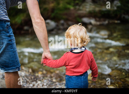 Junge Vater mit kleinen Jungen am Fluss, Sommertag. Stockfoto