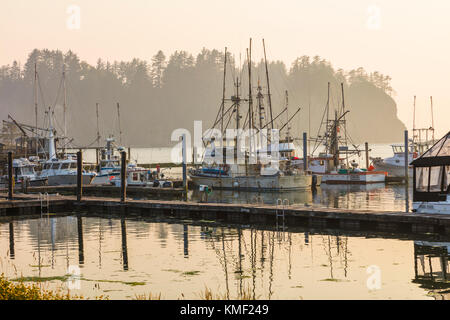 Fischerboote an nebeligen Tagen im Yachthafen in La Push auf dem Quileute Indian Reservation im US-Bundesstaat Washington Stockfoto