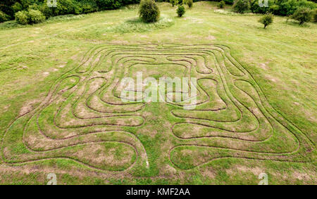 Miz Labyrinth, Luftaufnahme, St Catherine's Hill, Winchester, Hampshire, England, Großbritannien - 624 m lang Stockfoto