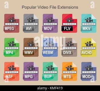 Beliebte video Dateierweiterungen, farbige Vector Icons für Web, Mobile und ext. Stock Vektor