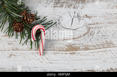 Weihnachten einzelne Zuckerstange ornament hängend in der rauhen Fir Tree Branch auf rustikalen weiß Holz- Hintergrund Stockfoto