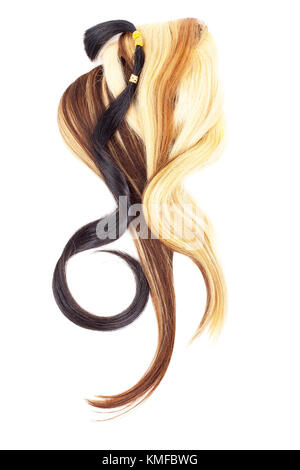 Echte Frau Haar Textur. menschliches Haar Schuß, trockenes Haar mit seidig Volumen. echte europäische menschliches Haar Tapeten Textur. Braun blond dunkelblond und Schwarz. Stockfoto