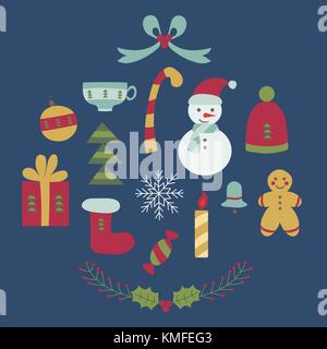 Der traditionelle Weihnachten Elemente in doodle Stil. cartoon Weihnachten Icons collection Mit Gingerbread Man, Tannenbaum, Rote Socke, Schneemann, Geschenkbox, rowa Stock Vektor