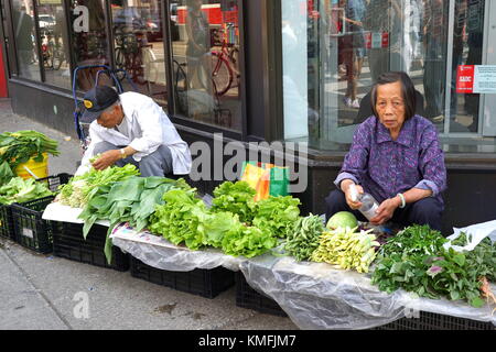 Ein älterer asiatischer Mann und eine ältere Frau, die frisches Gemüse auf dem Bürgersteig von Toronto Chinatown in Toronto, Kanada, verkaufen. Stockfoto