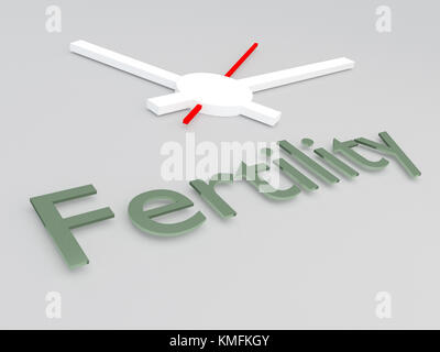 3D-Illustration des Titels „Fruchtbarkeit“ mit einer Uhr als Hintergrund Stockfoto