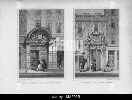 Friseur des Chirurgen Hall, Monkwell Street, Fischgeschäft Hall, Thames Street, Gravur 'Metropolitan Verbesserungen oder London im 19. Jahrhundert", London, England, Großbritannien 1828 Stockfoto