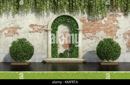 Garten mit üppiger Vegetation, Stein Portal und alte Mauer - 3D-Rendering Stockfoto