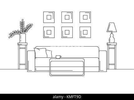 Sofa, Tisch, Vase mit Blumen. Nachtschrank, Schreibtisch Lampe. Lineare Skizze der Einrichtung in modernem Stil. Stock Vektor