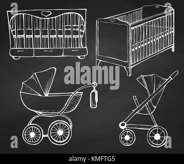 Set's Kinder Möbel. Vector Illustration. Skizze für Kind Kinderbett und Kinderwagen Stock Vektor