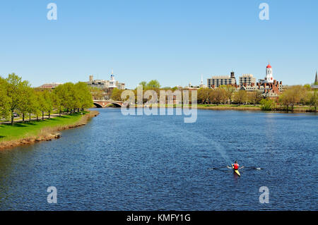 Harvard University und Charles River im frühen Frühling. Zur Person Rudern in der Charles, grüne Bäume am Ufer des Flusses Banken, klaren blauen Himmel. Stockfoto