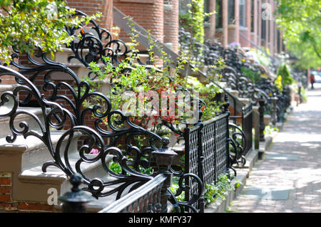 Gusseisernen Geländer und Feder Farben in Boston South Ende. Stockfoto