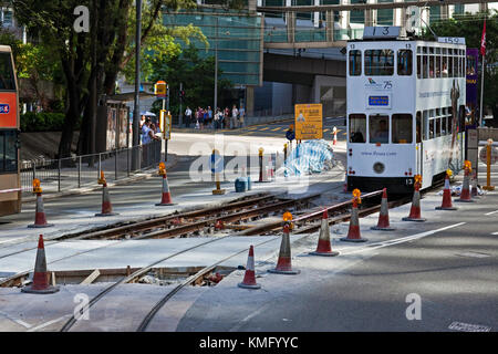 Die Straßenbahnlinie in Reparatur, der Insel Hong Kong, SAR, China Stockfoto