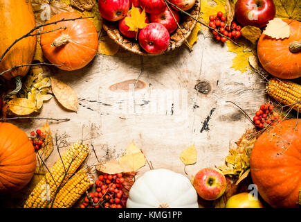 Herbst essen. Rahmen der Herbst Gemüse und Früchte. auf Holz- Hintergrund. Stockfoto