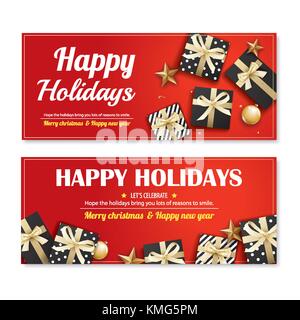 Einladung frohe Weihnachten poster Banner und Card design Vorlage auf roten Hintergrund. schöne Ferien und das neue Jahr mit geschenkboxen für Gutschein Gutschein die Stock Vektor