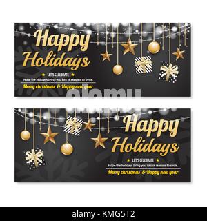 Grußkarte frohe Weihnachten party Poster Banner Design vorlage auf schwarzen Hintergrund. schöne Ferien und das neue Jahr mit Geschenkkarton für Gutschein Gutschein die Stock Vektor