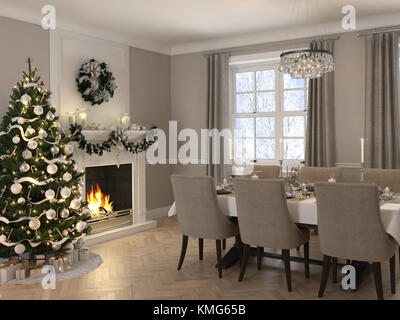 Luxus Esszimmer mit Weihnachten Dekoration von Tag zu Tag. 3D-Rendering Stockfoto