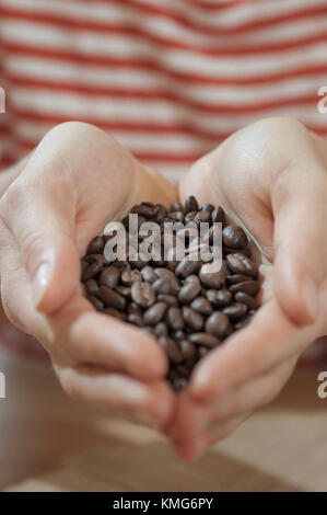 Hände voll mit Kaffeebohnen Stockfoto