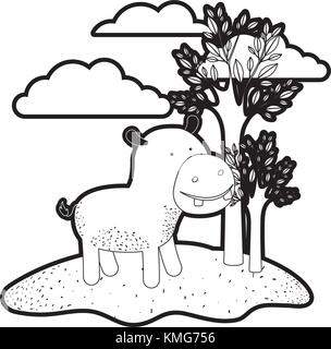 Hippopotamus Cartoon in der freien Szene mit Bäume und Wolken in schwarze Silhouette mit dicken Kontur Stock Vektor