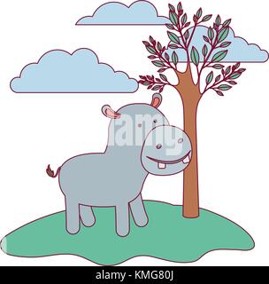 Hippopotamus Cartoon in Wald neben den Bäumen in bunten Silhouette mit dünnen Kontur Stock Vektor