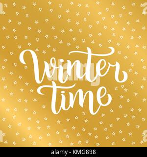 Winter benutzerdefinierte weißer Schrift text auf goldenem Hintergrund mit Sternen, Vector Illustration. Winter Kalligraphie für Logo, Einladung, Plakat, de Stock Vektor