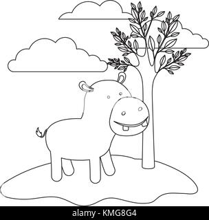 Hippopotamus Cartoon in der freien Szene mit Bäume und Wolken in Schwarzweiß Silhouette Stock Vektor