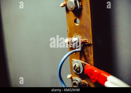 Reihe von drei grungy elektrischen Schalter und Verdrahtung in Dreck und Schmutz bedeckt, montiert in einem Kasten eine alte Mauer, Detailansicht mit Kopie Raum Stockfoto