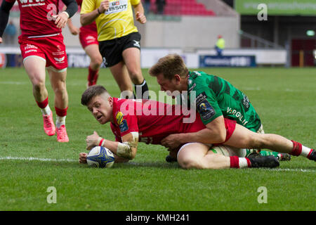 Steff Evans Kerben einen Versuch für die Scarlets gegen Benetton Rugby Rugby der europäischen Champions Cup. Stockfoto