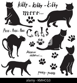 Hand gezeichnete Skizze Katzen silhoets und Spuren. umrissen Doodles mit Schriftzug. Vector Illustration Elemente auf weißem Hintergrund. Stock Vektor
