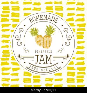 Jam Label Design vorlage. für Ananas dessert Produkt mit Hand gezeichnet skizziert Obst und Hintergrund. doodle Vektor Ananas Abbildung Marke ide Stock Vektor