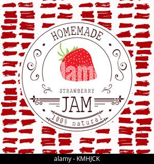 Jam Label Design vorlage. Für strawberry Dessert Produkt mit Hand gezeichnet skizziert Obst und Hintergrund. doodle Vektor Erdbeere Abbildung Marke i Stock Vektor