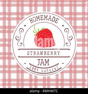 Jam Label Design vorlage. Für strawberry Dessert Produkt mit Hand gezeichnet skizziert Obst und Hintergrund. doodle Vektor Erdbeere Abbildung Marke i Stock Vektor
