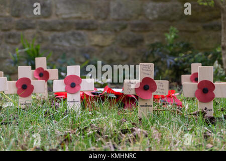 Reihe von holzkreuzen mit Mohn, einige mit Inschriften, Garten der Erinnerung, Towcester, Großbritannien Stockfoto