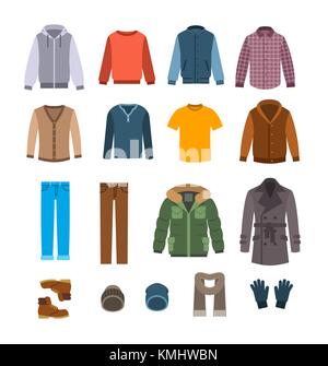 Warme Kleidung für Männer. Winter Kollektion von modernen männlichen casual Outfit. Vektor flachbild Abbildung. Fashion Style icons. kalte Jahreszeit Kleidungsstücke. Stock Vektor