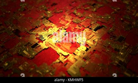 3D-Darstellung der technologischen Oberfläche, Rot und Gold Version. Stockfoto