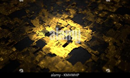 3D-Darstellung der technologischen Oberfläche, Gold und Schwarz. Stockfoto