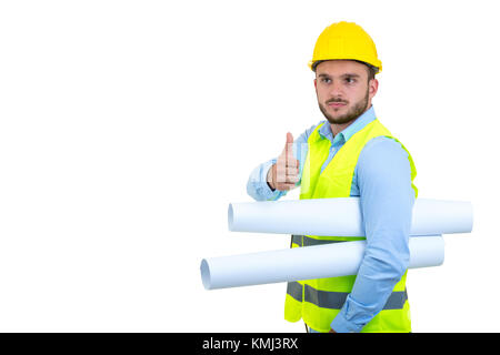 Junge Ingenieur Porträt holding Blueprints isoliert auf weißem Stockfoto