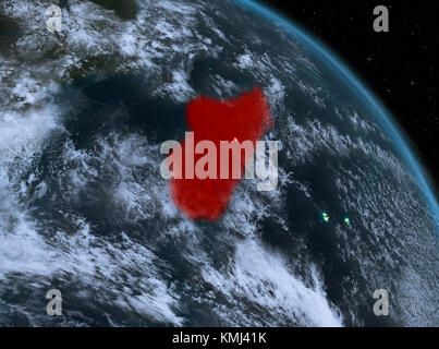 Nacht über Madagaskar in Rot hervorgehoben auf dem Modell des Planeten Erde im Weltraum. 3D-Darstellung. Elemente dieses Bild von der NASA eingerichtet. Stockfoto