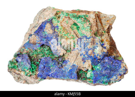 Makroaufnahmen von natürlichen Mineralgestein Muster - blaue Azurit und Malachit Grün Stone auf weißem Hintergrund von Ural isoliert, Russland Stockfoto