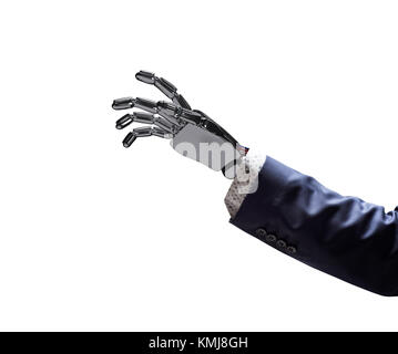 Roboterhand im Anzug auf etwas. Bionic Technology Konzept. 3D-Rendering Stockfoto